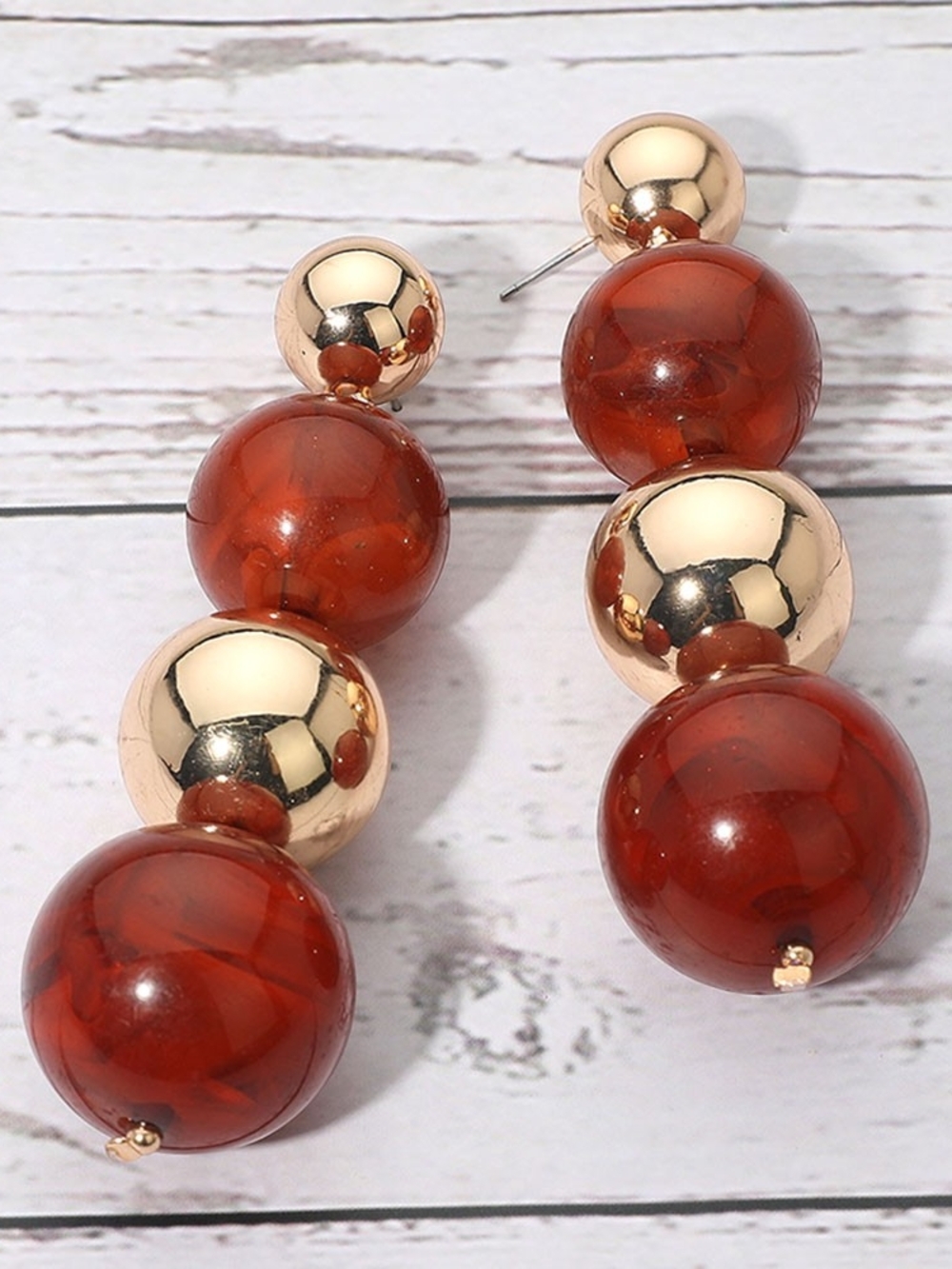 Brown Gold Chunky Boho Resin Beaded Bold Sphere Dangle Drop Statement Earrings